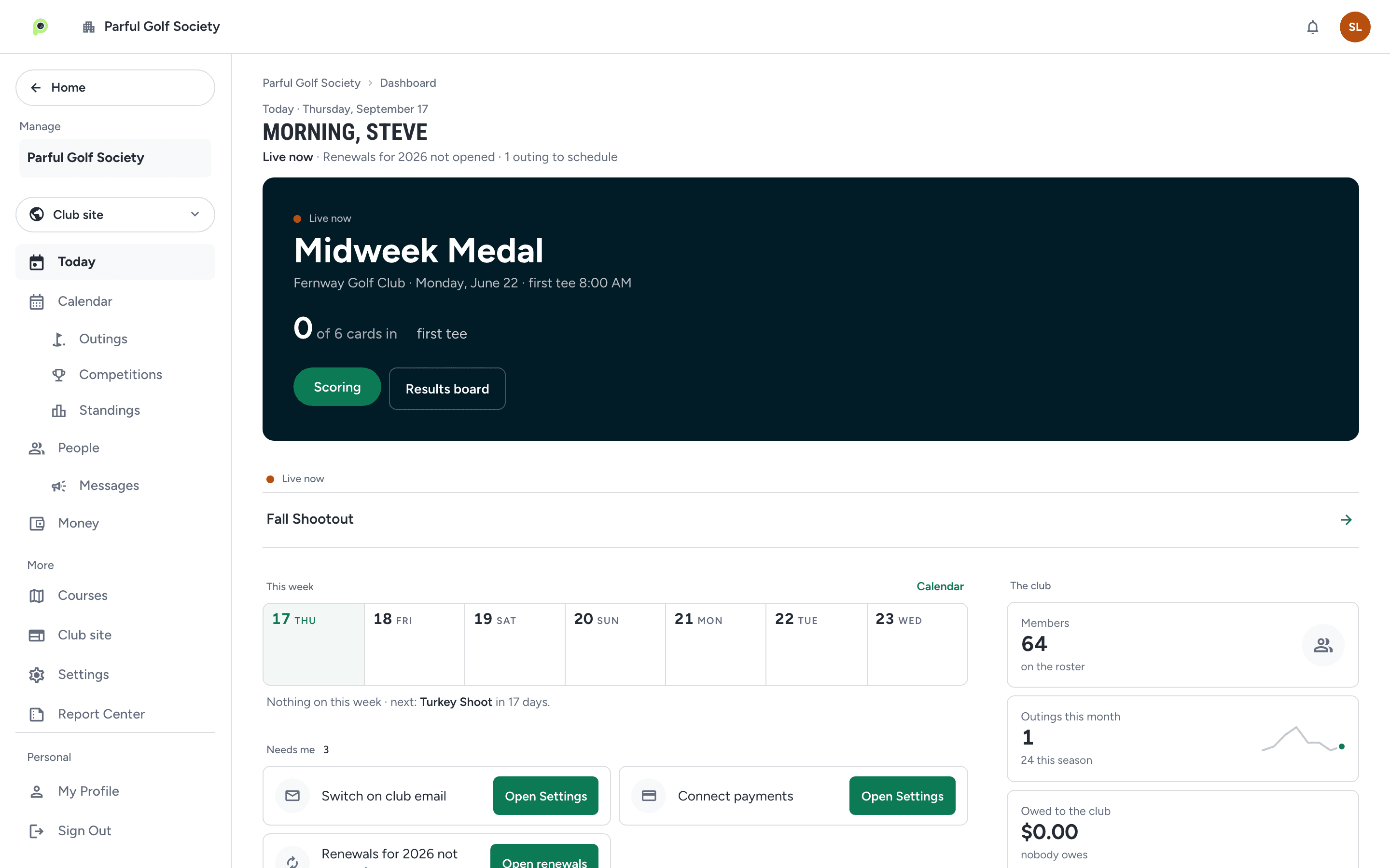 Golf club dashboard in Parful with season progress, the next outing and items needing attention