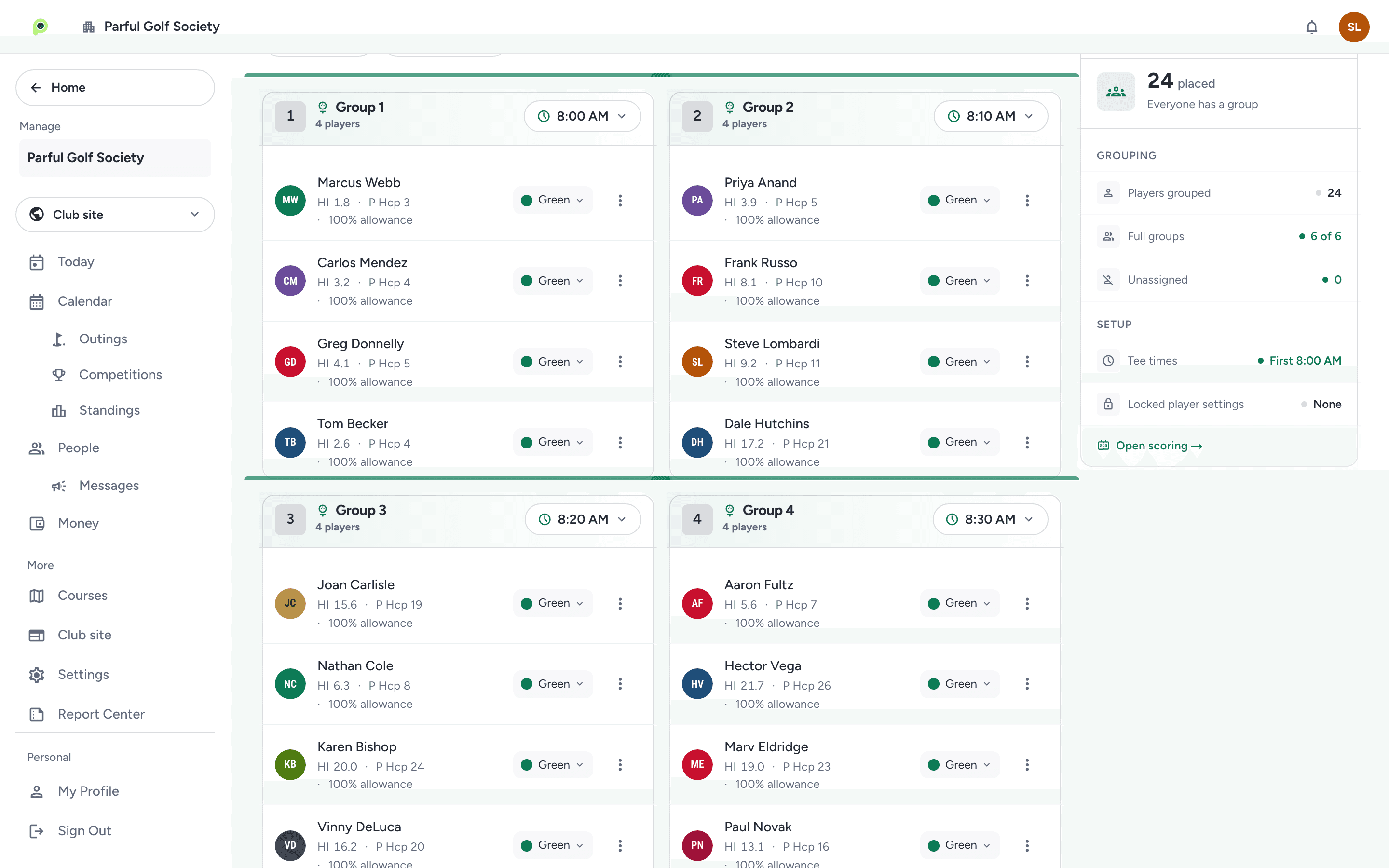 Outing tee sheet in Parful with six groups and per-player handicaps and tees
