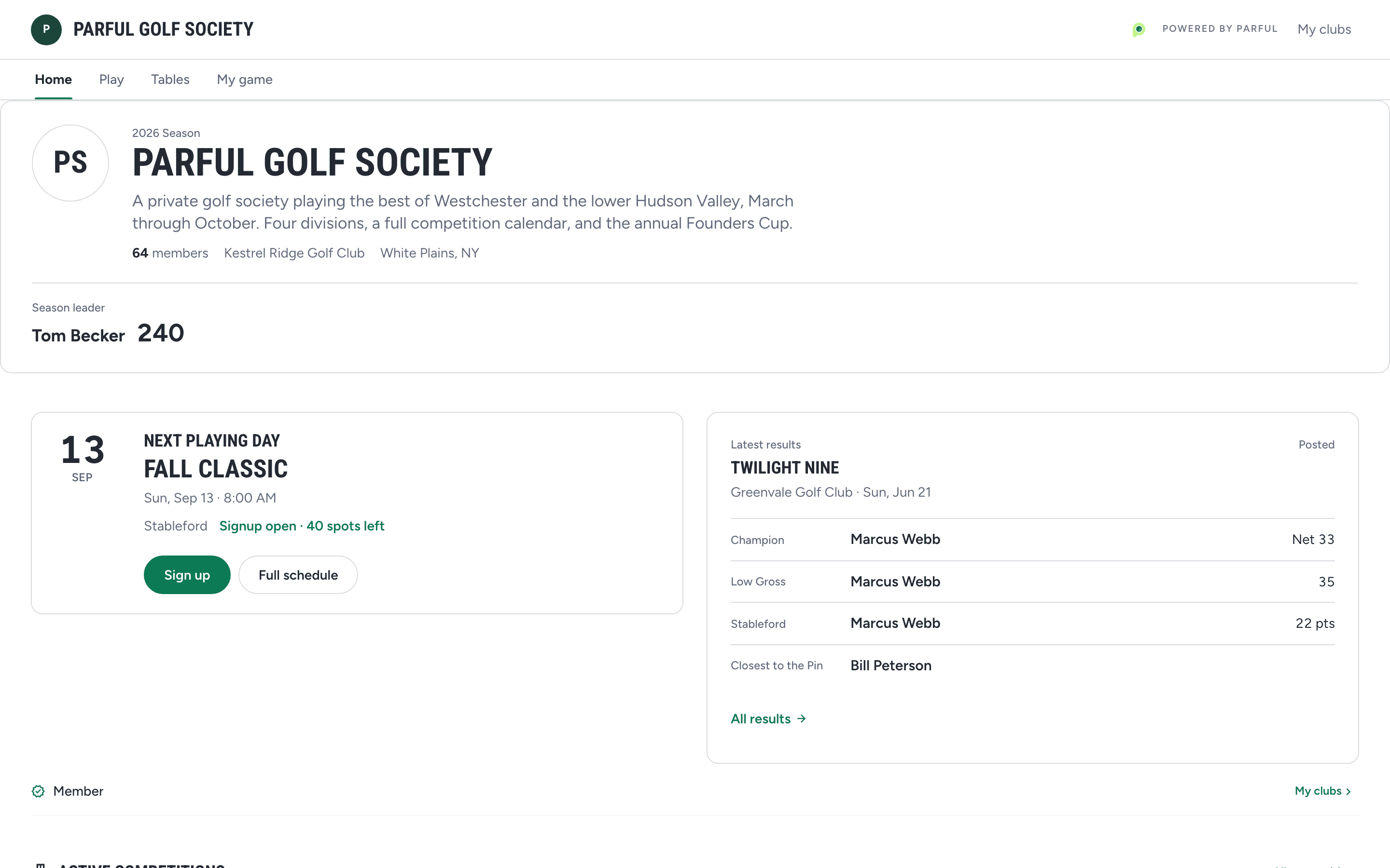 Public golf club page in Parful with the season leader, next outing and latest results