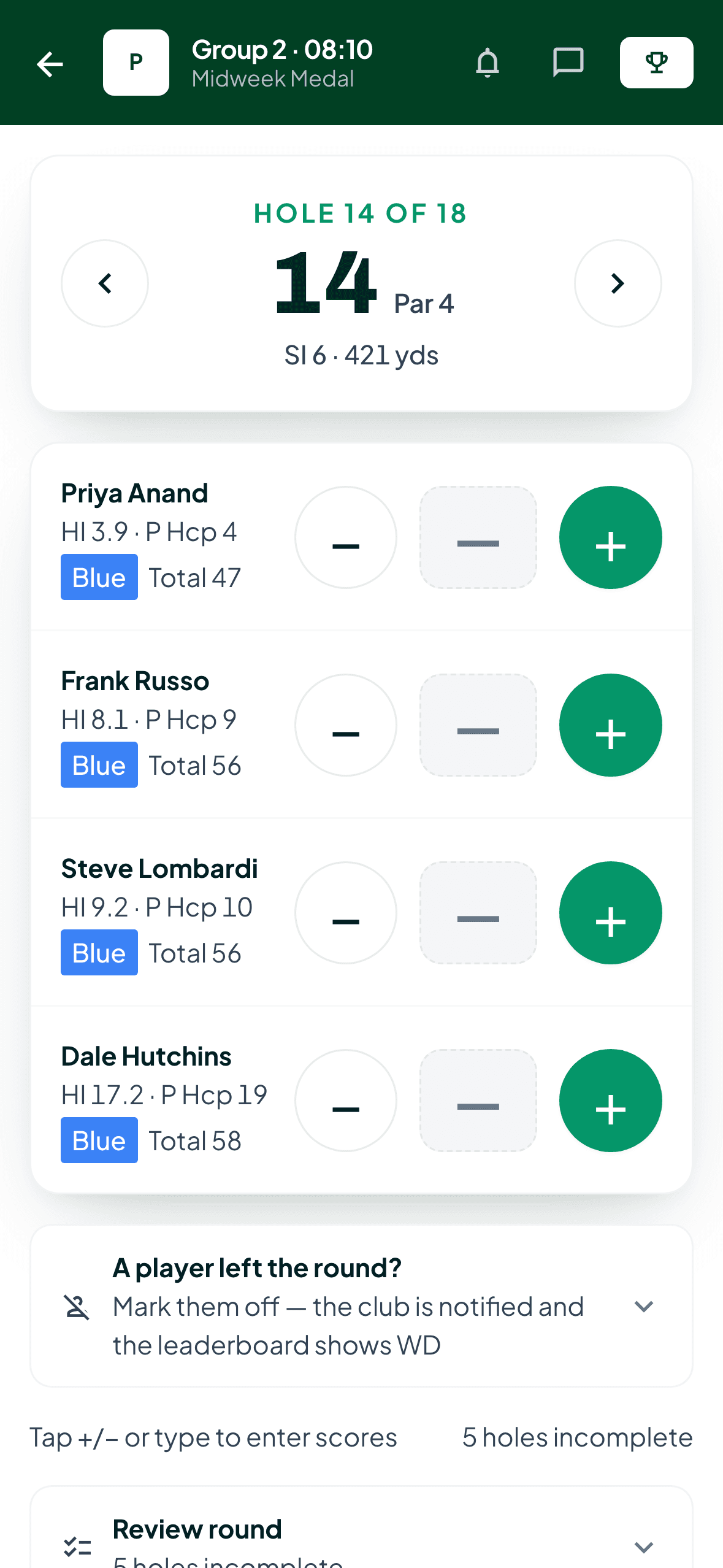 Group scorecard on a phone showing hole par, stroke index and yardage
